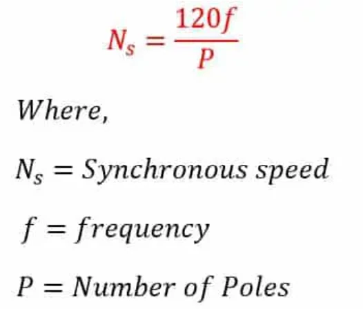 Formula: synchronous speed equals 120 times frequency divided by number of poles